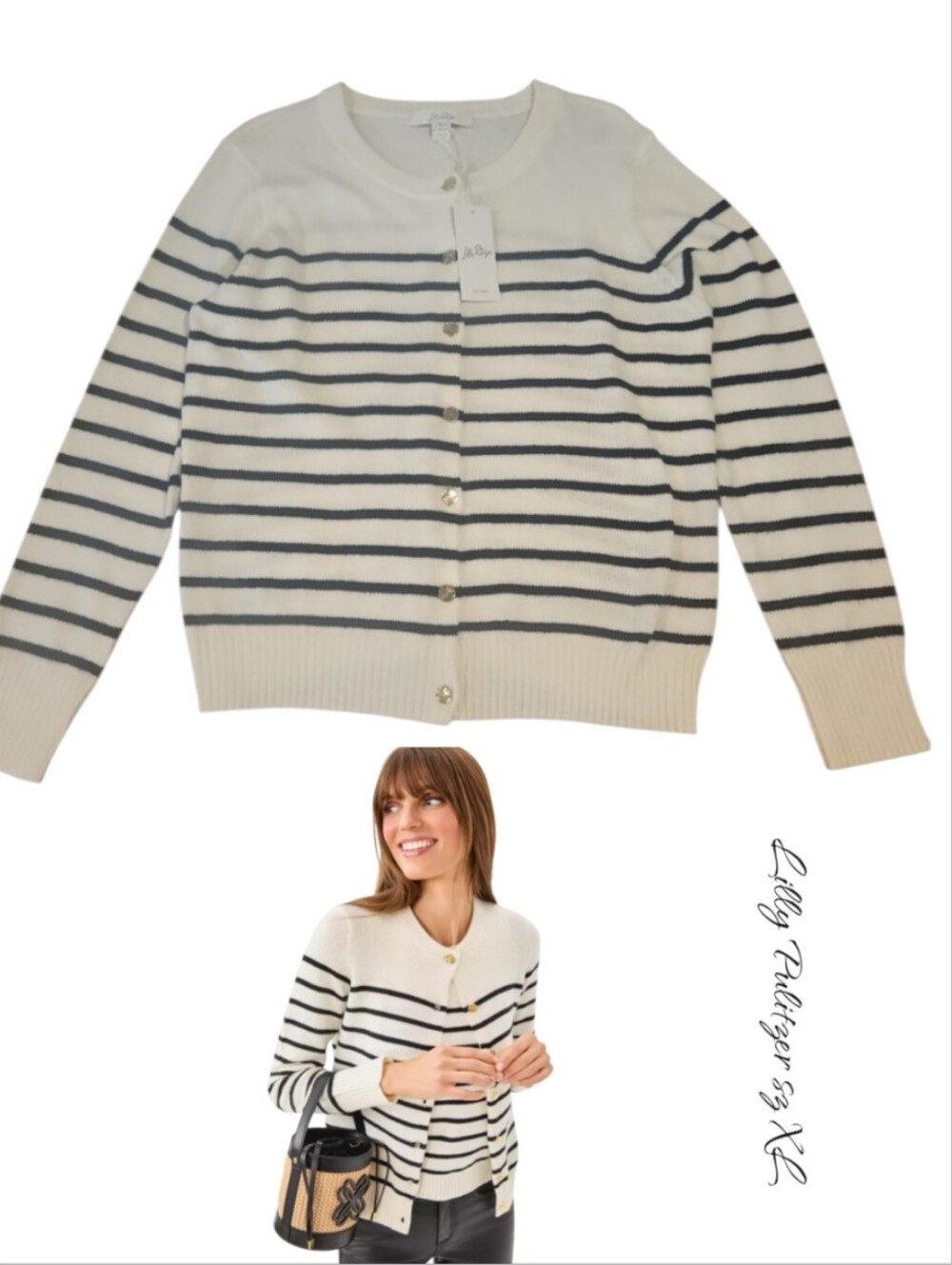 Lilly Pulitzer Fairley Cream Navy Striped Cardigan Sweater XL